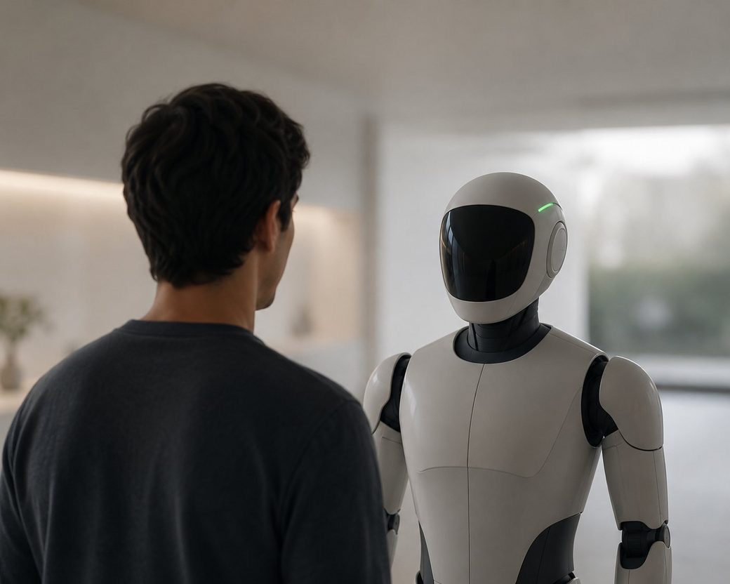 A person speaking to a humanoid robot at home