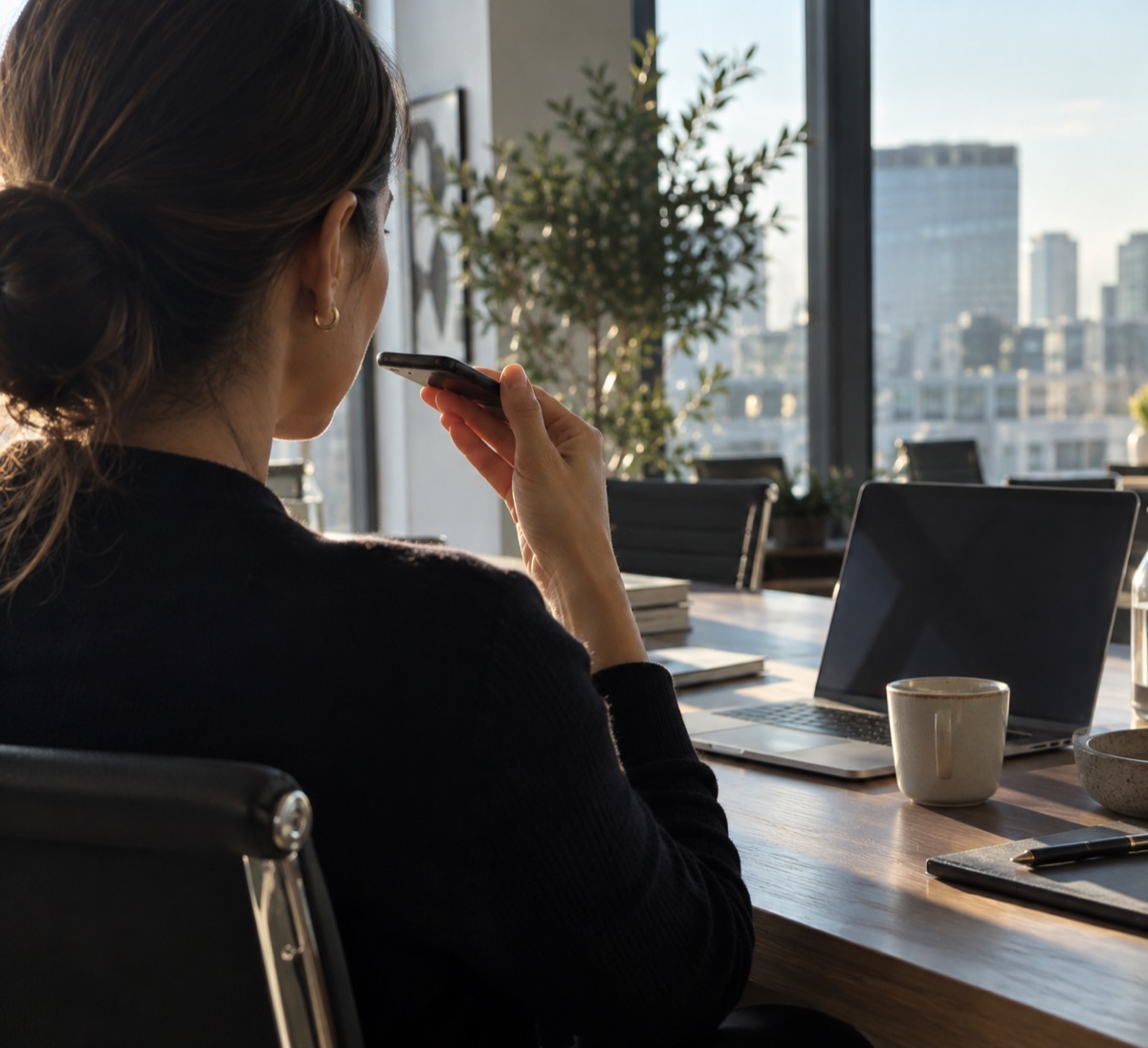 A woman speaking on her phone at an office desk